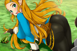 Rule 34 | 1girl, all fours, ass, bent over, blonde hair, blush, breasts, butt crack, female focus, fingerless gloves, frog, gloves, green eyes, huge ass, large breasts, legs, lindaroze, long hair, looking at viewer, looking back, nintendo, open mouth, pants, pantylines, pointy ears, princess zelda, shiny clothes, shirt, sideboob, smile, solo, the legend of zelda, the legend of zelda: breath of the wild, tight clothes, tight pants