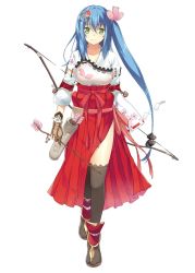 Rule 34 | 1girl, arrow (projectile), black legwear, blue hair, bow (weapon), branch, cherry blossoms, detached sleeves, fingerless gloves, fish, full body, geta, gloves, green eyes, hair ornament, japanese clothes, long hair, official art, personification, petals, quiver, sandals, shirohime quest, skirt, smile, solo, stick, tabi, transparent background, walking, weapon, yamatokouriyama (shirohime quest)