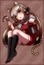 Rule 34 | 1girl, alice in wonderland, animal ears, brown background, cat ears, cat girl, cat tail, extra ears, geoffroy&#039;s cat (kemono friends), grey hair, highres, hikarikmy, kemono friends, kemono friends v project, legs, long hair, looking at viewer, no shoes, open mouth, paint, parody, ribbon, shirt, shorts, simple background, socks, solo, tail, twintails, virtual youtuber, yellow eyes