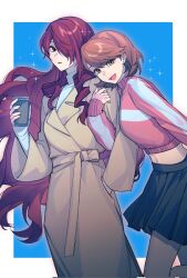 2girls breasts brown_hair coat cropped_jacket cup eca_leaf hair_over_one_eye hand_in_pocket highres holding holding_cup jacket kirijou_mitsuru locked_arms long_hair long_sleeves multiple_girls open_mouth persona persona_3 pleated_skirt red_eyes red_hair short_hair simple_background skirt sparkle sweater takeba_yukari very_long_hair white_sweater