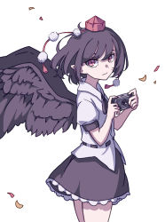 Rule 34 | 1girl, absurdres, bird wings, black hair, black neckwear, black skirt, black wings, camera, closed mouth, cowboy shot, eyebrows hidden by hair, feathered wings, from side, hat, highres, holding, holding camera, kame (kamepan44231), looking at viewer, one-hour drawing challenge, pointy ears, pom pom (clothes), puffy short sleeves, puffy sleeves, red eyes, red hat, shameimaru aya, short hair, short sleeves, simple background, skirt, solo, standing, swept bangs, tokin hat, touhou, white background, wings