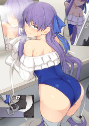 Rule 34 | 1girl, ass, bare shoulders, blue eyes, blush, cameltoe, comic, embarrassed, fate/grand order, fate (series), from above, from behind, hair between eyes, hair ribbon, huge ass, leaning, leaning forward, long hair, looking at viewer, looking back, looking up, meltryllis, meltryllis (fate), meltryllis (swimsuit lancer) (fate), meltryllis (swimsuit lancer) (second ascension) (fate), mirror, off-shoulder one-piece swimsuit, one-piece swimsuit, purple hair, reflection, ribbon, shiny clothes, shiny skin, shiseki hirame, smile, solo, solo focus, swimsuit, thighhighs, very long hair