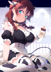 Rule 34 | 1girl, :o, animal ears, animal print, apron, aqua eyes, bell, black dress, blush, bottle, braid, breasts, brown hair, cleavage, collar, commentary request, cow ears, cow horns, cow print, cow tail, detached sleeves, dress, emma verde, english text, fake animal ears, fake horns, fake tail, frilled apron, frilled dress, frilled sleeves, frills, glint, gloves, heart, heart in eye, holding, holding bottle, horns, kitahara tomoe (kitahara koubou), large breasts, long hair, looking at viewer, love live!, love live! nijigasaki high school idol club, open mouth, print thighhighs, short sleeves, sitting, solo, symbol in eye, tail, thighhighs, twin braids, twitter username, waist apron, wariza, white apron, white gloves, white thighhighs