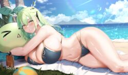 Rule 34 | &gt; &lt;, 1girl, antlers, bare arms, bare legs, beach, beach towel, bikini, bird, blue sky, blush, bottle, breasts, ceres fauna, cloud, day, grass, green hair, grin, hair between eyes, hair ribbon, highres, hololive, hololive english, horns, huge breasts, leaf, looking at viewer, lotion, lying, mixed-language commentary, mountainous horizon, navel, ocean, on side, outdoors, palm tree, revision, ribbon, sapling (ceres fauna), seagull, sky, smile, solo, stomach, sunscreen, swimsuit, thighs, tnolize, towel, tree, virtual youtuber, watermark, white bird