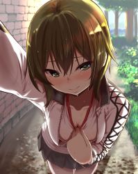 Rule 34 | 10s, 1girl, black skirt, blush, breasts, brown hair, caesar8149, cleavage, closed mouth, clothes pull, collar tug, collarbone, cowboy shot, day, downblouse, gym shirt, hayasui (kancolle), head tilt, highres, jacket, kantai collection, looking at viewer, medium breasts, outdoors, outstretched arm, pleated skirt, pulled by self, shirt, shirt pull, grey eyes, skirt, smile, solo, standing, sweat, track jacket, tree, white shirt