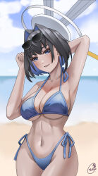 Rule 34 | 1girl, absurdres, alternate costume, arm behind head, armpits, beach, bikini, black hair, blue bikini, blue eyes, blue hair, blue sky, blurry, blurry background, breasts, cleavage, colored inner hair, commentary, dated, english commentary, eyewear on head, hair intakes, halo, halterneck, highleg, highleg bikini, highres, hololive, hololive english, large breasts, looking at viewer, maskiy, mechanical halo, multicolored hair, navel, ocean, open mouth, ouro kronii, short hair, side-tie bikini bottom, signature, sky, smile, solo, sunglasses, swimsuit, thigh gap, virtual youtuber