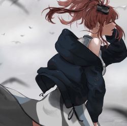 Rule 34 | 1girl, bird, blush, breast pocket, breasts, brown hair, closed eyes, clothes writing, dress, from side, highres, hood, hood down, hooded jacket, jacket, kantai collection, long hair, long sleeves, open mouth, outdoors, pocket, ponytail, saratoga (kancolle), side ponytail, sidelocks, sleeveless, sleeveless dress, smokestack, solo, white dress, zippo teifujou