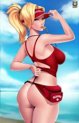 Rule 34 | 1girl, adjusting clothes, adjusting swimsuit, ass, back, beach, blonde hair, breasts, cloud, fanny pack, from behind, green eyes, high ponytail, kyoffie, large breasts, leotard, lifeguard, looking at viewer, looking back, mercy (overwatch), ocean, one-piece swimsuit, one-piece thong, outdoors, overwatch, overwatch 1, ponytail, red one-piece swimsuit, self wedgie, sky, smile, solo, summer, swimsuit, thong, thong leotard, whistle