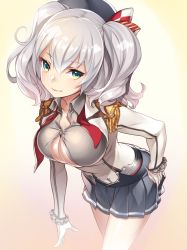 Rule 34 | 10s, 1girl, blue eyes, breasts, epaulettes, gloves, hat, kantai collection, kashima (kancolle), large breasts, lasa (lasa1116), long hair, silver hair, skirt, smile, solo, twintails, uniform, wavy hair