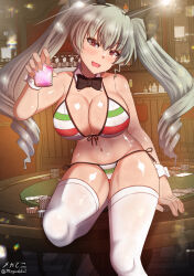 Rule 34 | 1girl, anchovy (girls und panzer), animal ears, bikini, black bow, black bowtie, blush, bow, bowtie, breasts, brown eyes, covered erect nipples, drill hair, fake animal ears, girls und panzer, glass, green hair, highres, indoors, italian flag bikini, large breasts, long hair, looking at viewer, megadeko, navel, open mouth, rabbit ears, smile, solo, swimsuit, thighhighs, twin drills, twintails, white thighhighs