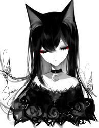 Rule 34 | 1girl, absurdres, animal ears, artist name, black choker, bug, butterfly, cat ears, choker, closed eyes, crescent, crescent choker, cropped torso, dress, facing viewer, hair between eyes, highres, insect, limited palette, long hair, off-shoulder dress, off shoulder, original, sheya, signature, simple background, solo, spot color, upper body, white background