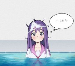 Rule 34 | 1girl, black eyes, blush, closed mouth, english text, godekasu, highres, long hair, looking at viewer, messy hair, neckerchief, original, partially submerged, pink sailor collar, pool, purple hair, red neckerchief, sailor collar, school uniform, serafuku, shirt, solo, thought bubble, upper body, white shirt