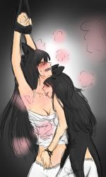 Rule 34 | 2girls, armpits, arms up, bare shoulders, bdsm, black hair, blake belladonna, blush, bondage, bound, bow, breasts, breath, cleavage, clone, collarbone, dual persona, closed eyes, female focus, femdom, hair bow, hair over eyes, licking, long hair, moaning, multiple girls, open mouth, rwby, saliva, selfcest, skire, strapless, sweat, teeth, tongue, yuri