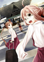 Rule 34 | 10s, 3girls, ahoge, akigumo (kancolle), beret, brown hair, coat, glasses, hat, kantai collection, kurona, long hair, looking at viewer, luggage, makigumo (kancolle), multiple girls, naganami (kancolle), open mouth, personification, sleeves past wrists, tokyo big sight, yellow eyes