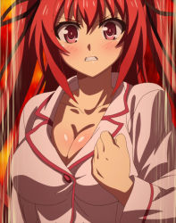 Rule 34 | 10s, 1girl, angry, blush, breasts, cleavage, clenched teeth, demon girl, highres, large breasts, long hair, looking at viewer, naruse mio, pajamas, red eyes, red hair, screencap, shinmai maou no testament, solo, teeth, upper body