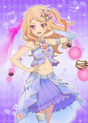 Rule 34 | 10s, 1girl, aikatsu!, aikatsu! (series), aikatsu! photo on stage!!, aikatsu stars!, bare shoulders, beamed quavers, beamed semiquavers, blonde hair, floral print, flower, food, frilled skirt, frills, hair flower, hair ornament, hand on own hip, highres, jewelry, kasumi mahiru, mochi, multicolored eyes, multicolored hair, musical note, navel, necklace, orchid, pink eyes, purple background, purple shirt, purple skirt, shirt, skirt, sleeveless, smile, streaked hair, wagashi