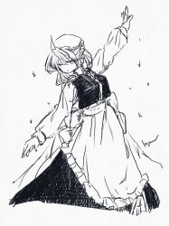 Rule 34 | apron, closed eyes, greyscale, hat, highres, ink (medium), koyane (silver81106), lapel pin, letty whiterock, long sleeves, medium hair, monochrome, outstretched arms, shirt, skirt, snowflakes, touhou, traditional media, triangular headpiece, vest, waist apron