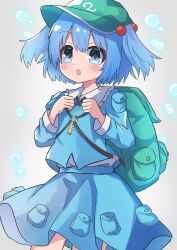 Rule 34 | 1girl, :o, absurdres, backpack, bag, blue eyes, blue hair, blue shirt, blue skirt, blush, commentary request, cowboy shot, green hat, grey background, hair between eyes, hair bobbles, hair ornament, hat, high meron, highres, holding strap, kawashiro nitori, key, long sleeves, looking at viewer, open mouth, pocket, shirt, short hair, simple background, skirt, solo, touhou, two side up
