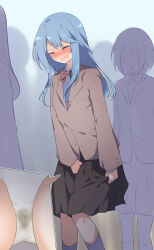 Rule 34 | 1girl, ^ ^, arm at side, between legs, black skirt, blue hair, blush, bow, bowtie, breast pocket, brown jacket, buttons, close-up, closed eyes, collared shirt, embarrassed, female focus, flat chest, hand between legs, have to pee, highres, jacket, kneehighs, knees together feet apart, long hair, long sleeves, miniskirt, multiple views, nose blush, open mouth, original, panties, pee, peeing, peeing self, people, pleated skirt, pocket, queue, red bow, red bowtie, school uniform, shirt, sidelocks, skirt, skirt grab, socks, solo focus, standing, underwear, v-shaped eyebrows, watakarashi, wet, wet clothes, wet panties, white panties