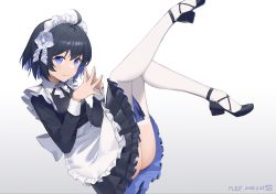 Rule 34 | 1girl, absurdres, apron, artist name, ass, black dress, blue eyes, blue hair, closed mouth, dress, fled, full body, high heels, highres, honkai (series), honkai impact 3rd, legs up, long sleeves, looking at viewer, maid, maid apron, maid headdress, seele vollerei, short hair, smile, solo, thighhighs, white thighhighs
