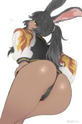 Rule 34 | 1girl, animal ears, ass, warrior of light (ff14), bent over, black hair, black panties, closed mouth, crotch seam, dark-skinned female, dark skin, dutch angle, ettone, expressionless, final fantasy, final fantasy xiv, from behind, hands on own hips, high ponytail, highres, jacket, long hair, long sleeves, looking at viewer, looking back, no pants, panties, partially visible vulva, presenting, profile, rabbit ears, simple background, solo, underwear, viera, white background, yellow eyes