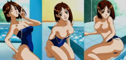 Rule 34 | 1girl, ;o, antenna hair, arm support, blowing kiss, breasts, brown eyes, brown hair, cleavage, clothes pull, covered erect nipples, covered navel, fence, fingernails, game cg, kneeling, large breasts, looking at viewer, multiple views, navel, nipples, one-piece swimsuit, one-piece swimsuit pull, one eye closed, pool, poolside, seductive smile, sitting, smile, sparkle, swimsuit, undressing, vs mahjong otome ryouran, water