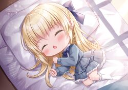 Rule 34 | 1girl, :o, blonde hair, blue bow, blue dress, blush, bow, chibi, closed eyes, commentary request, commission, dress, facing viewer, frilled dress, frilled socks, frills, full body, futon, hair bow, hands up, highres, kohinata hoshimi, layered dress, long hair, long sleeves, lying, no shoes, on bed, on side, open mouth, original, pillow, puffy long sleeves, puffy sleeves, skeb commission, sleeping, socks, solo, very long hair, white socks