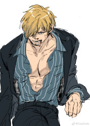 Rule 34 | 1boy, alternate facial hair, bara, blonde hair, blood, bruise, cigarette, cowboy shot, curly eyebrows, facial hair, formal, goatee stubble, hair over one eye, highres, injury, male focus, mcbuckwheat, mustache stubble, nosebleed, one piece, pants, partially unbuttoned, pectoral cleavage, pectorals, sanji (one piece), short hair, smug, solo, stubble, suit, v-shaped eyebrows