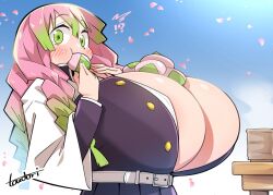 Rule 34 | !?, 1girl, :t, alternate breast size, belt, black jacket, black skirt, braid, breasts, cleavage, covering own mouth, demon slayer uniform, eating, food, gigantic breasts, gradient hair, green eyes, green hair, hand over own mouth, hands up, highres, holding, holding food, jacket, kanroji mitsuri, kimetsu no yaiba, long hair, long sleeves, looking at viewer, mole, mole under eye, multicolored hair, outdoors, pink hair, pleated skirt, sakura mochi, shirt, skirt, skirt set, solo, toudori, tri braids, tri tails, two-tone hair, unbuttoned, unbuttoned shirt, upper body, wagashi, white jacket, white shirt