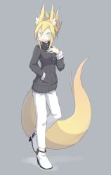 Rule 34 | 1girl, 4138, animal ears, blonde hair, female focus, fox ears, fox tail, full body, grey background, hand in pocket, highres, original, simple background, solo, tail