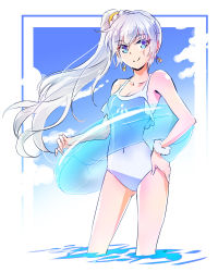 Rule 34 | blue eyes, blush, highres, iesupa, long hair, rwby, side ponytail, smile, swimsuit, water float, weiss schnee, white hair