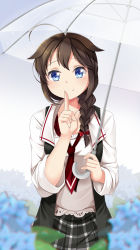 Rule 34 | 1girl, ahoge, alternate costume, black vest, blue eyes, braid, breasts, brown hair, collarbone, commentary request, flower, hair between eyes, hair flaps, hair ribbon, highres, holding, holding umbrella, hydrangea, index finger raised, kantai collection, long sleeves, looking at viewer, neckerchief, outdoors, red neckerchief, ribbon, shigure (kancolle), shigure kai ni (kancolle), shirt, sidelocks, single braid, small breasts, smile, solo, transparent, transparent umbrella, umbrella, vest, white shirt, yasume yukito
