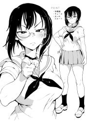 Rule 34 | 10s, 1girl, blouse, closed mouth, commentary request, frown, full body, girls und panzer, greyscale, hand on own hip, highres, kawashima momo, loafers, looking at viewer, miniskirt, monochrome, monocle, multiple views, neck ribbon, neckerchief, norinco, ooarai school uniform, pleated skirt, pointing, pointing at viewer, ribbon, school uniform, serafuku, shirt, shoes, short hair, short sleeves, skirt, socks, standing, upper body