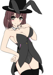 Rule 34 | 1girl, absurdres, animal ears, black hat, black thighhighs, blush, breasts, brown eyes, brown hair, cleavage, closed mouth, cowboy shot, detached collar, fake animal ears, finger to mouth, hand on own hip, hand up, hat, highres, katou megumi, large breasts, leotard, looking at viewer, mizuki (satukisen), playboy bunny, rabbit ears, saenai heroine no sodatekata, short hair, simple background, smile, solo, standing, strapless, strapless leotard, tareme, thighhighs, top hat, unfinished, white background