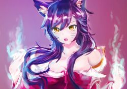 Rule 34 | 1girl, :o, ahri (league of legends), animal ears, blue fire, blush, breasts, cleavage, collarbone, detached sleeves, facial mark, fang, fire, fox ears, highres, korean clothes, league of legends, looking at viewer, magic, md5 mismatch, medium breasts, open mouth, parted lips, purple background, resolution mismatch, sidelocks, simple background, solo, tooth, upper body, whisker markings, yellow eyes, yeyebirdie