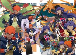 Rule 34 | 4boys, bad id, bad pixiv id, baseball cap, black hair, brothers, cape, character name, charizard, commentary request, creatures (company), dark-skinned male, dark skin, dreepy, dynamax band, facial hair, flame-tipped tail, flygon, fur-trimmed jacket, fur trim, game freak, gen 1 pokemon, gen 3 pokemon, gen 4 pokemon, gen 6 pokemon, gen 8 pokemon, gloves, goodra, goomy, gym leader, hat, highres, hop (pokemon), jacket, lance (pokemon), leon (pokemon), long hair, looking at viewer, multiple boys, nintendo, on head, open mouth, orange headwear, poke ball, pokemon, pokemon (creature), pokemon on head, pokemon swsh, purple hair, raihan (pokemon), red hair, rotom, rotom phone, shirt, shorts, siblings, single glove, smile, spiked hair, ultra ball, yellow eyes, yukin (es)