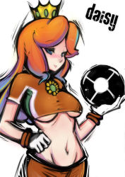 Rule 34 | 1girl, ball, blush, breasts, brown hair, character name, crop top, crown, eyelashes, flower, gloves, green eyes, groin, holding, long hair, mario (series), medium breasts, midriff, navel, nintendo, pants, princess daisy, sho-n-d, short sleeves, simple background, smile, soccer ball, soccer uniform, solo, sportswear, sunflower, super mario strikers, underboob, white background, white gloves