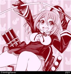 Rule 34 | 1girl, :d, alternate costume, alternate hairstyle, baton, broken, rabbit, commentary request, cosplay, dress, gloves, headgear, kantai collection, looking at viewer, machinery, monochrome, numbered, open mouth, pink theme, sazanami (kancolle), short hair, smile, solo, sumeragi hamao, tatsuta (kancolle) (cosplay), tatsuta (kancolle), twitter username