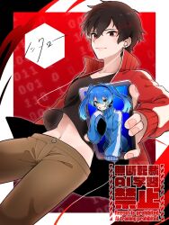 1boy 1girl binary black_border black_hair black_shirt blue_eyes blue_hair blue_jacket border brown_eyes brown_pants cellphone character_name closed_mouth commentary cowboy_shot dutch_angle earphones ene_(kagerou_project) facial_mark fingernails gradient_background hair_between_eyes hako_(zzillust) hexagon highres holding holding_phone jacket kagerou_project kisaragi_shintarou long_hair long_sleeves looking_at_viewer midriff open_clothes open_jacket open_mouth outside_border pants phone red_background red_jacket shirt short_hair sleeves_past_fingers sleeves_past_wrists smartphone smile solo_focus track_jacket twintails v-neck very_long_sleeves white_border zipper_pull_tab