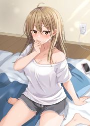 Rule 34 | 1girl, ahoge, arm support, barefoot, blush, breasts, brown eyes, brown hair, cellphone, charger, cleavage, closed mouth, collarbone, commentary request, futon, grey shorts, hair between eyes, highres, indoors, komori kuzuyu, long hair, medium breasts, mole, mole on breast, mole under eye, off shoulder, on bed, original, phone, pillow, shirt, short shorts, short sleeves, shorts, sitting, solo, textless version, wariza, white shirt, wooden floor