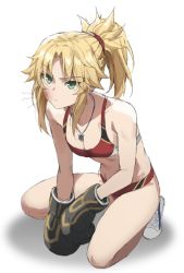 Rule 34 | 1girl, bare shoulders, blonde hair, boxing gloves, braid, breasts, bruise, bruise on face, cleavage, closed mouth, collarbone, fate/grand order, fate (series), green eyes, highres, injury, jewelry, kneeling, long hair, looking at viewer, medium breasts, mordred (fate), mordred (fate/apocrypha), necklace, parted bangs, ponytail, pout, red scrunchie, scrunchie, shoes, simple background, small breasts, solo, tonee, white background