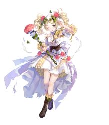 Rule 34 | bare shoulders, blonde hair, blue eyes, boots, cross-laced footwear, dress, fire emblem, fire emblem awakening, fire emblem heroes, frilled dress, frills, full body, highres, holding, knee boots, lace-up boots, layered dress, layered skirt, lissa (fire emblem), lissa (valentine) (fire emblem), long hair, nintendo, non-web source, official art, skirt, solo, staff, torn clothes, torn dress, transparent background, twintails