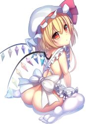 Rule 34 | 10s, 1girl, apron, ass, back, back bow, blonde hair, bow, flandre scarlet, frills, from behind, full body, hat, hat ribbon, highres, janne cherry, looking at viewer, looking back, mob cap, naked apron, red eyes, red ribbon, ribbon, shiny skin, simple background, sitting, solo, thighhighs, touhou, valentine, wariza, white background, white thighhighs, wide hips, wings