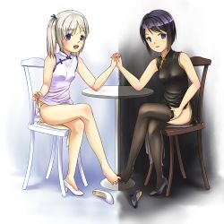 Rule 34 | 2girls, barefoot, black hair, black vs white, blue eyes, blush, china dress, chinese clothes, crossed legs, dress, feet, feet together, holding hands, jakelian, long legs, looking at viewer, mirror opposites, multiple girls, no panties, open mouth, original, shoes, short hair, single shoe, smile, symmetry, thighhighs, toes, white hair, yuri