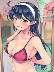 Rule 34 | &gt; &lt;, 1girl, ahoge, arms behind back, black hair, blush, bra, breasts, brown eyes, cleavage, collarbone, commentary request, embarrassed, floral print, headband, highres, indoors, kantai collection, lace, lace-trimmed bra, lace trim, large breasts, lingerie, long hair, looking at viewer, mirror, open mouth, pink bra, ribbon, shingyou (alexander-13), solo, stomach, turret, underwear, underwear only, undressing, upper body, ushio (kancolle), wavy mouth