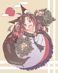 Rule 34 | 1girl, ahoge, animal ears, breasts, bright pupils, brown hair, cleavage, dress, fang, fingernails, frilled sleeves, frills, from above, full body, guwinomi, highres, imaizumi kagerou, long fingernails, long hair, long sleeves, medium breasts, multicolored hair, open mouth, pink hair, red eyes, sharp fingernails, solo, tail, touhou, wolf ears, wolf tail