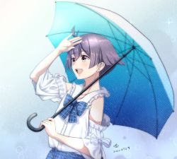 Rule 34 | 1girl, artist name, blush, brown eyes, buttons, dated, hair between eyes, holding, holding umbrella, kantai collection, open mouth, purple hair, sakawa (kancolle), shirt, short hair, signature, smile, solo, teeth, tk8d32, umbrella, upper body, upper teeth only, white shirt