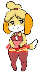 Rule 34 | 1girl, animal crossing, animal ears, blonde hair, blush, bra, breasts, choker, dog ears, dog girl, dog tail, frilled thighhighs, frills, furry, furry female, highres, isabelle (animal crossing), lingerie, negligee, nintendo, panties, ribbon choker, see-through, small breasts, smile, solo, tail, thick thighs, thighhighs, thighs, tiptoes, topknot, underwear, yellow kirby