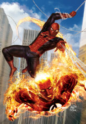 Rule 34 | 2boys, blue bodysuit, bodysuit, building, cloud, fantastic four, fire, flying, full body, hanging, in-hyuk lee, johnny storm, looking at viewer, male focus, marvel, mask, multiple boys, muscular, muscular male, outdoors, peter parker, red bodysuit, signature, silk, sky, skyscraper, spider-man, spider-man (series), spider web, spider web print, superhero costume, two-tone bodysuit, webbing