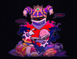 Rule 34 | aluuuuu721, bad end, bandana, bandana waddle dee, black background, blue bandana, book, cape, colored skin, crown, disembodied limb, highres, holding, holding book, horns, king dedede, kirby, kirby&#039;s return to dream land, kirby (series), magolor, mask, master crown, meta knight, nintendo, no humans, pink skin, polearm, pom pom (clothes), rayman limbs, spear, weapon